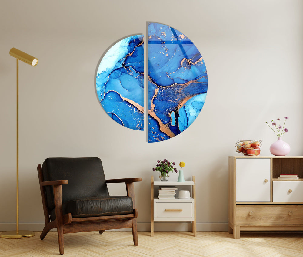 Circular Gold Details Blue Marble Glass Wall Art Glass Printing Wall Art, Print photos on glass
