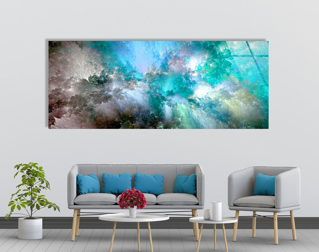 Cyan Blue, White Cloud Abstract Glass Wall Art, picture on glass wall art, photos printed on glass