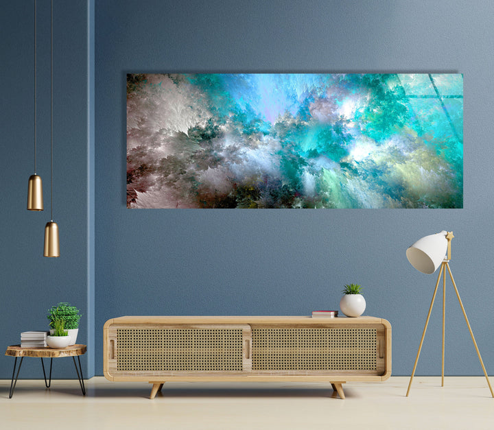 Cyan Blue, White Cloud Abstract Glass Wall Art, print on glass, glass printed photos