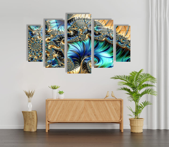 Blue, Golden Fractal Abstract Glass Wall Art, custom glass photo prints, large glass prints