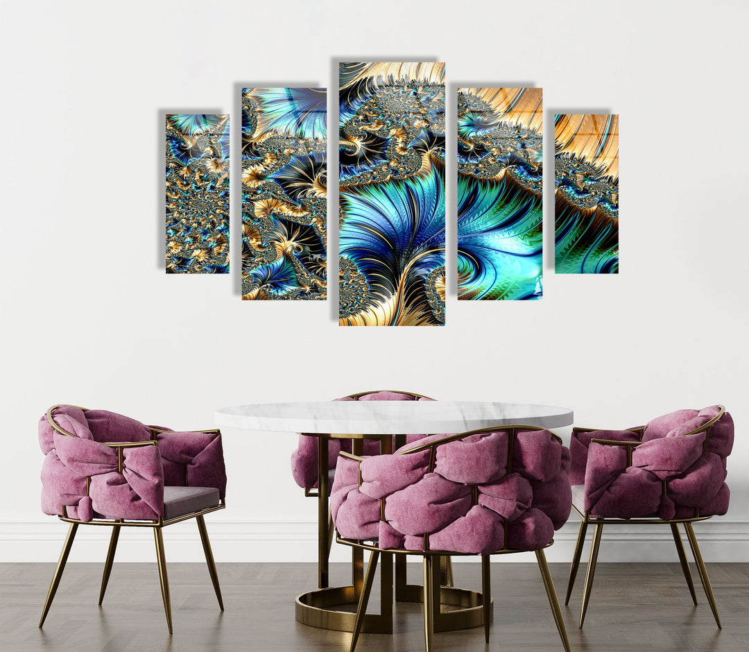 Blue, Golden Fractal Abstract Glass Wall Art, print picture on glass, Tempered Glass Wall Art