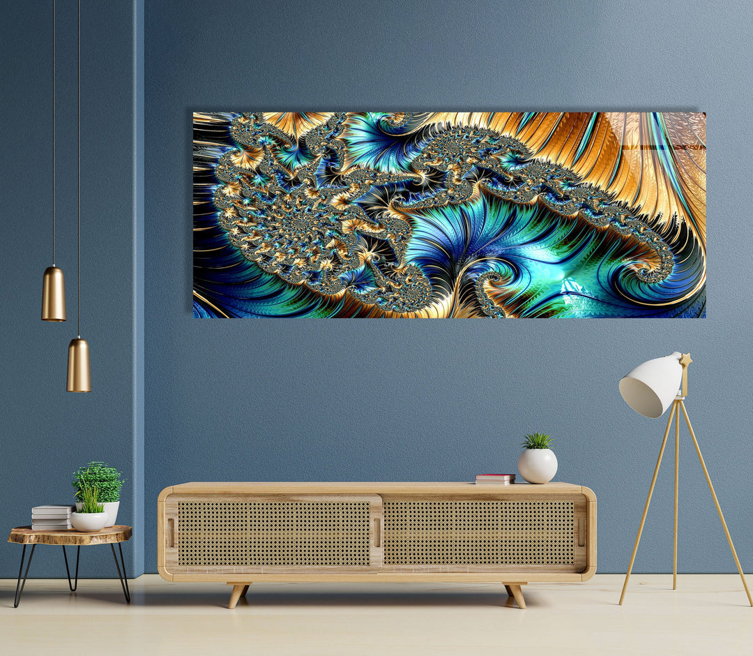 Blue, Golden Fractal Abstract Glass Wall Art, glass wall decor, glass wall art decor