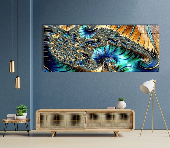 Blue, Golden Fractal Abstract Glass Wall Art, glass wall decor, glass wall art decor