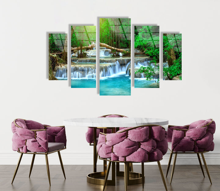 Thailand Turquoise Waterfall Landscape Glass Wall Art, glass pictures for Wall, glass prints wall art