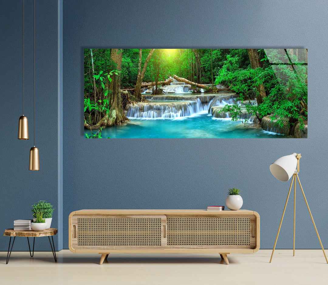 Thailand Turquoise Waterfall Landscape Glass Wall Art, glass photo prints, glass picture prints