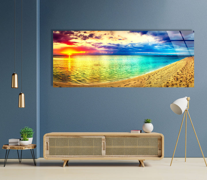 Colorful Sunset, Beach Landscape Glass Wall Art, custom glass photo prints, large glass prints