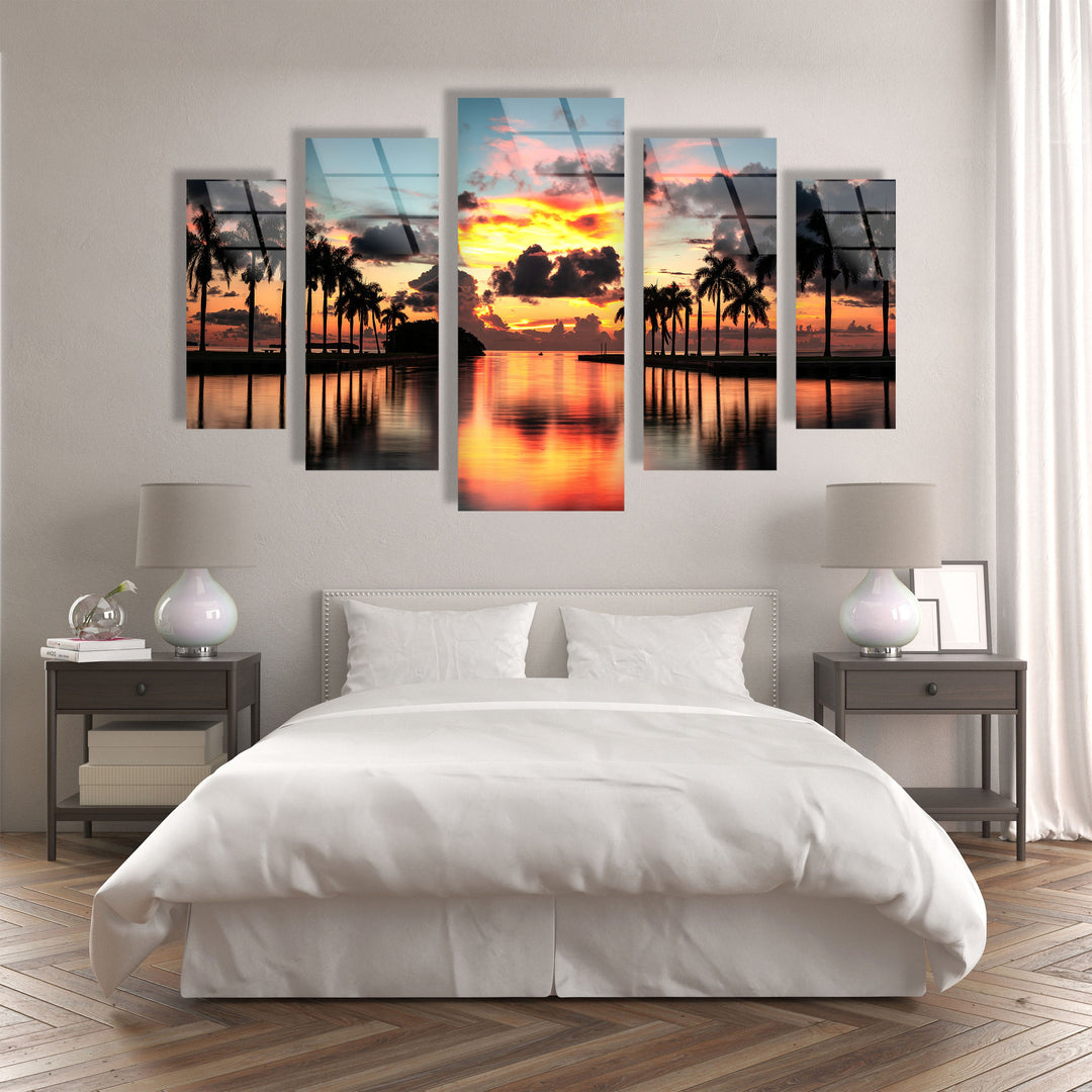 Paradise Beach Sunset, Tropical Palms Glass Wall Art, custom glass pictures, glass art prints