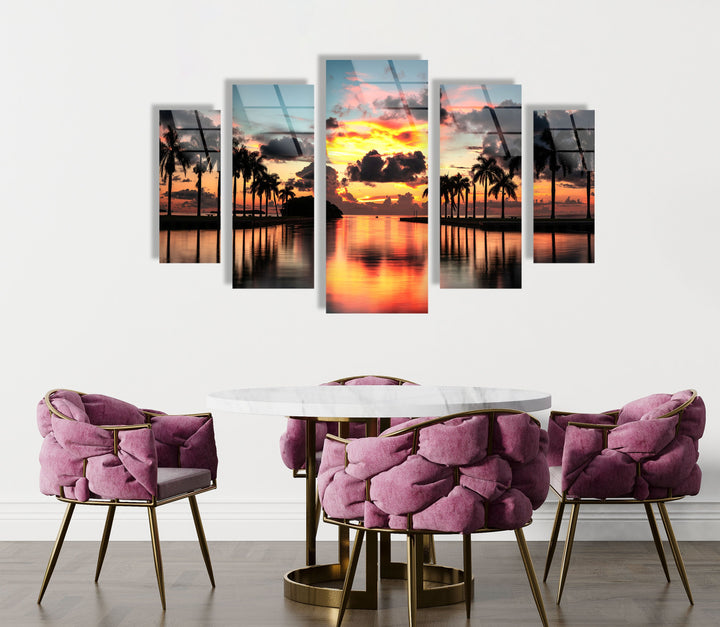 Paradise Beach Sunset, Tropical Palms Glass Wall Art, print on glass, glass printed photos