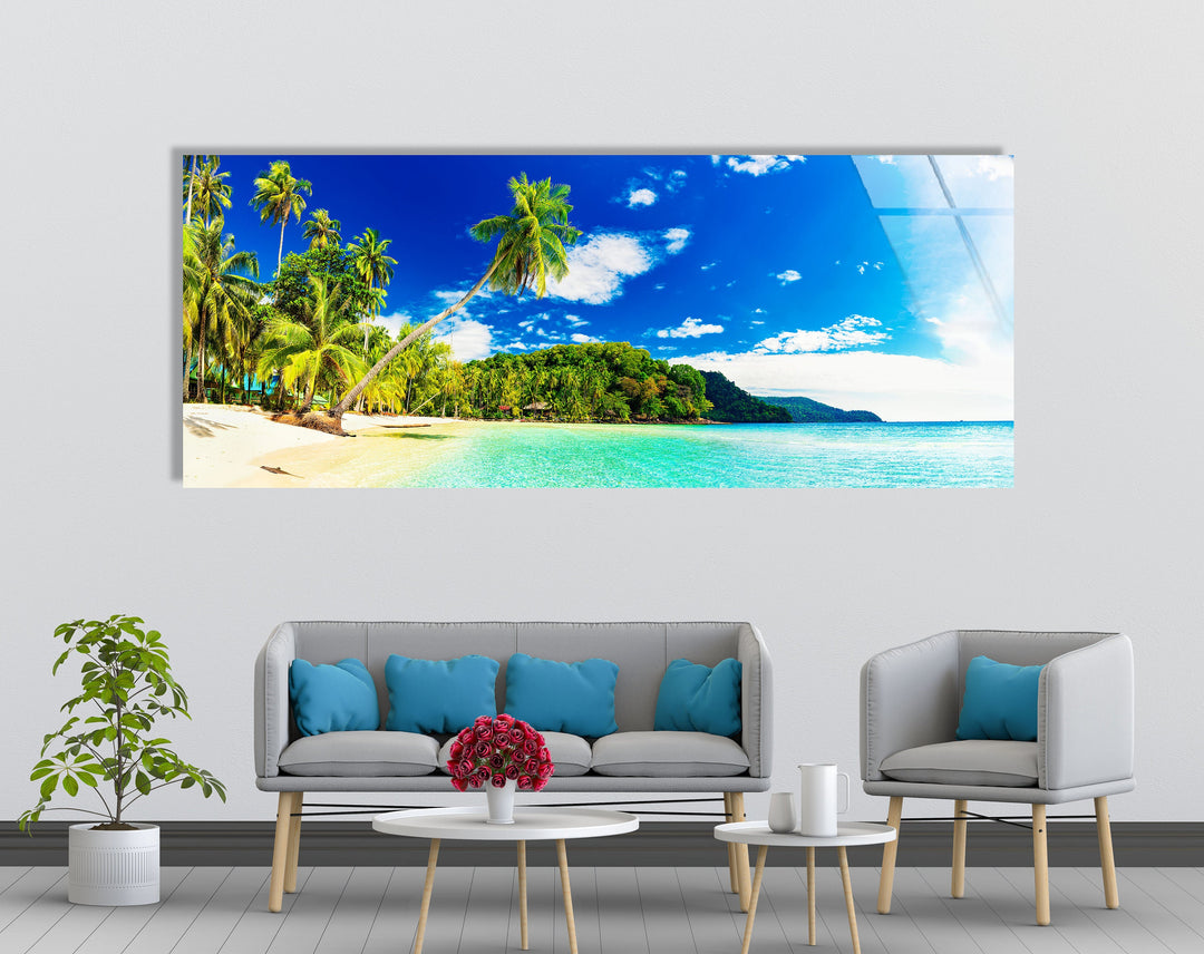 Island Beach With Palms Glass Wall Art, glass photo prints, glass picture prints