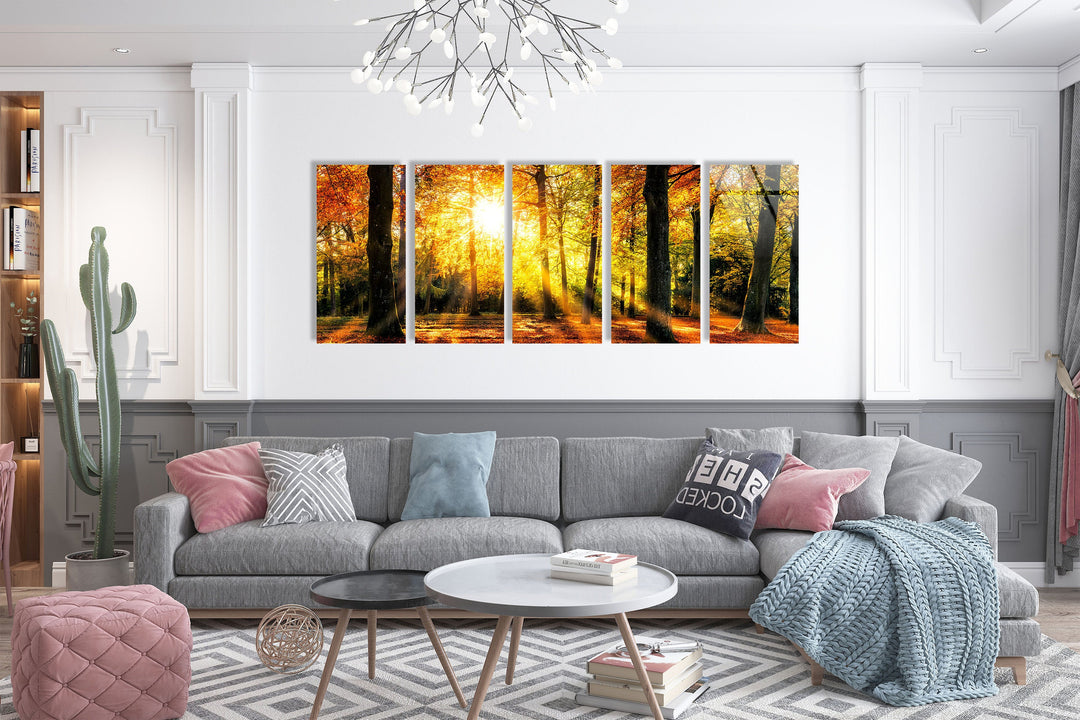 Sun Rays In The Green Forest Glass Wall Art, print on glass, glass printed photos