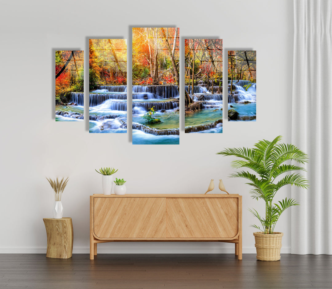 Autumn Trees and Waterfall Landscape Glass Wall Art, print on glass, glass printed photos