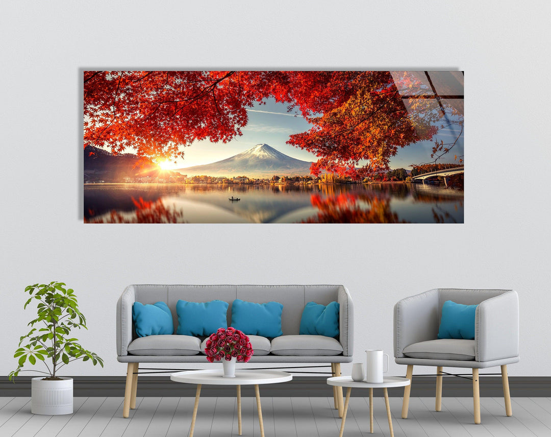 Fuji Mountain & Red Tree Landscape Glass Wall Art, glass wall decor, glass wall art decor