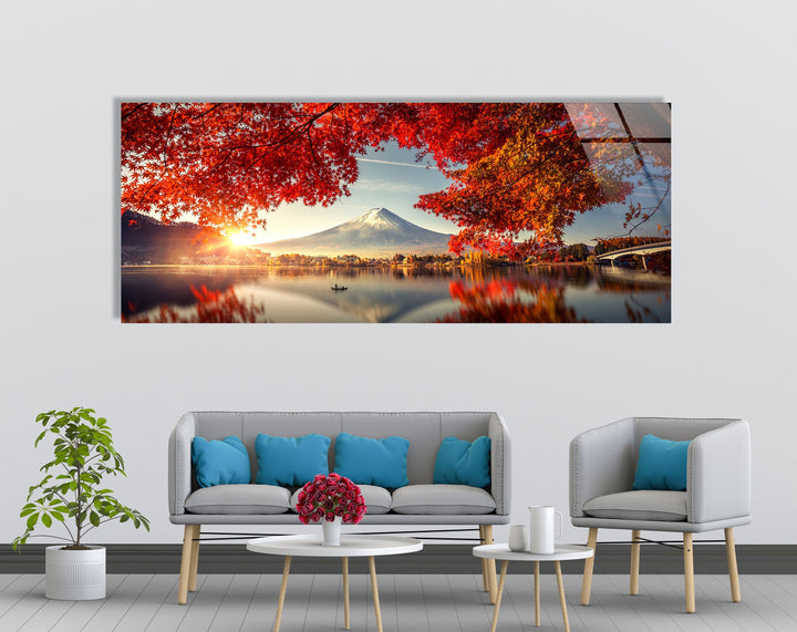 Fuji Mountain & Red Tree Landscape Glass Wall Art, glass wall decor, glass wall art decor