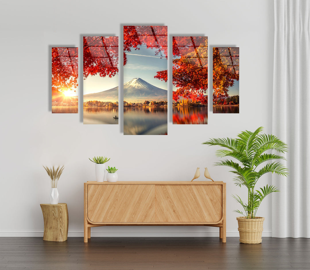 Fuji Mountain & Red Tree Landscape Glass Wall Art, picture on glass wall art, photos printed on glass