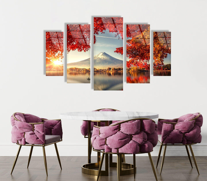 Fuji Mountain & Red Tree Landscape Glass Wall Art, print picture on glass, Tempered Glass Wall Art