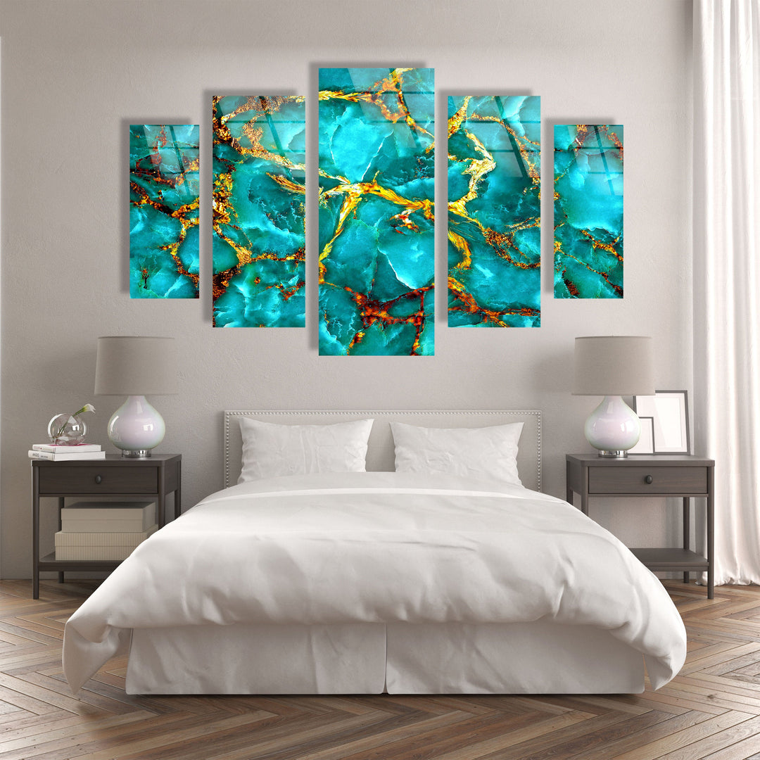 Aqua Blue With Gold Veins Abstract Glass Wall Art, Glass Printing Wall Art, Print photos on glass