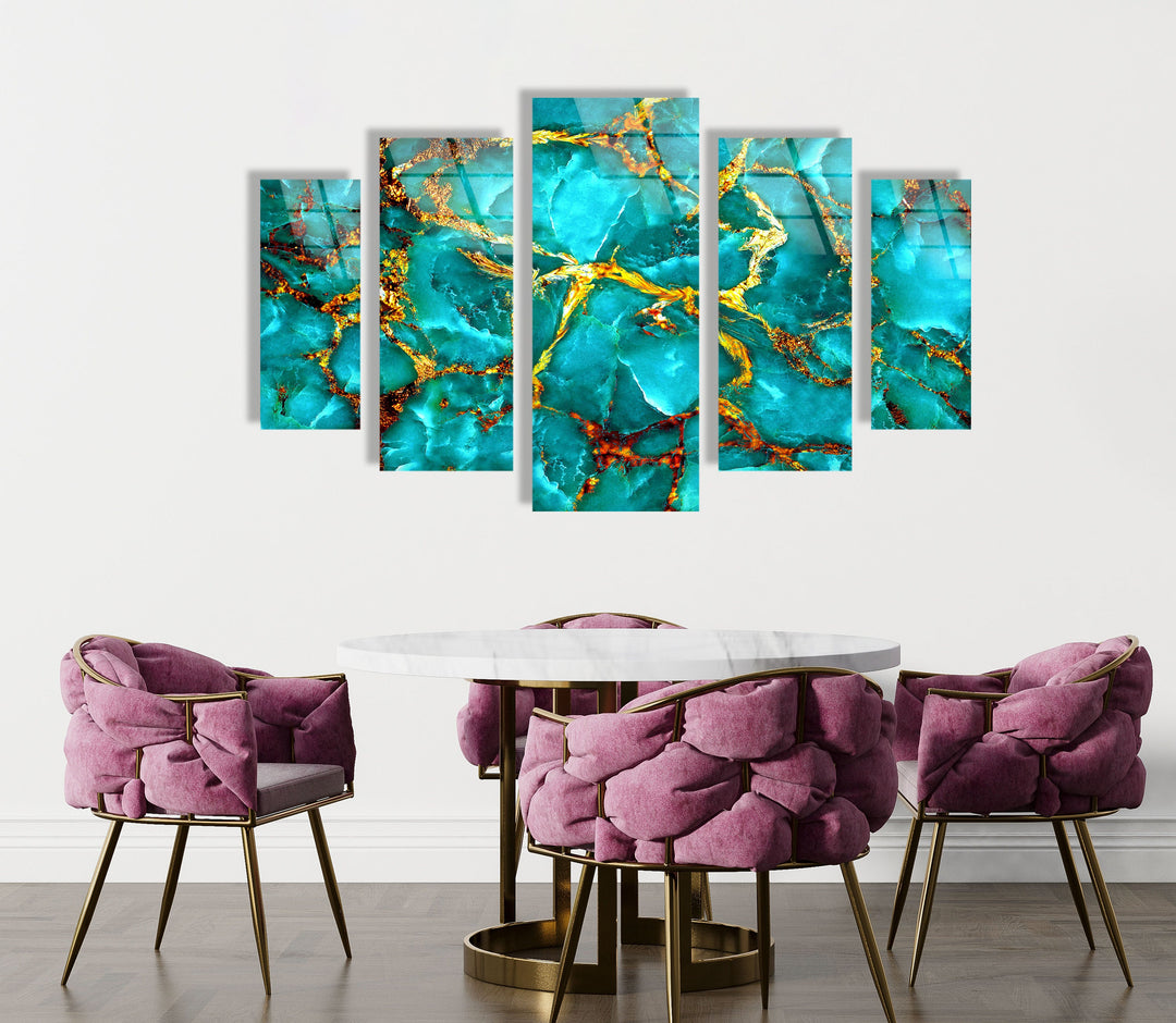 Aqua Blue With Gold Veins Abstract Glass Wall Art, glass art painting, glass art for the Wall