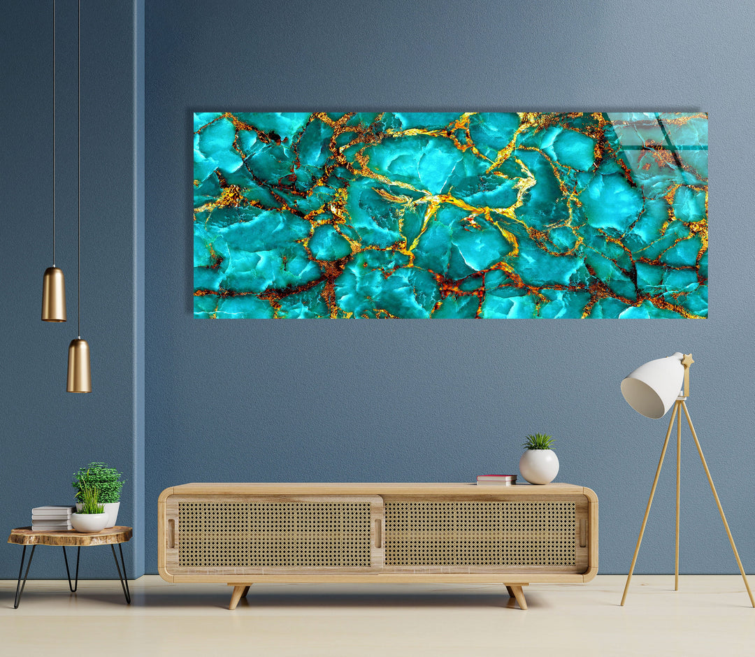 Aqua Blue With Gold Veins Abstract Glass Wall Art, glass pictures for Wall, glass prints wall art