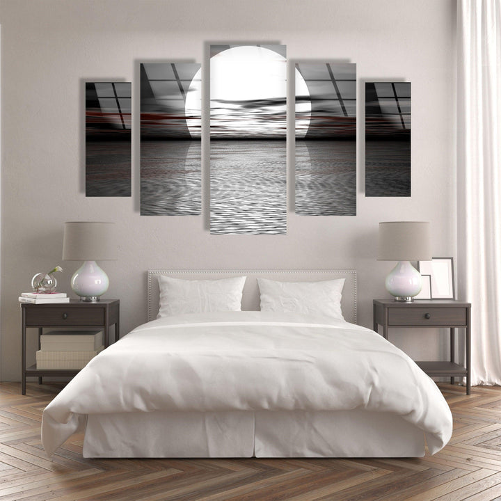 Black & White Full Moon Sea Landscape Glass Wall Art, custom glass pictures, glass art prints