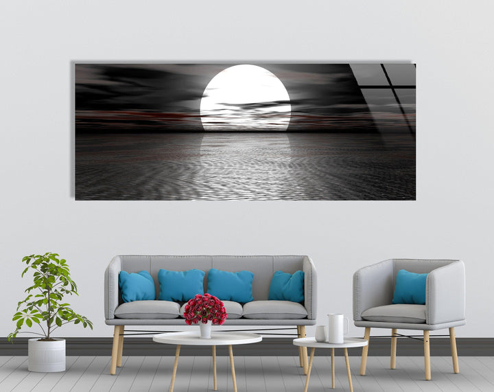 Black & White Full Moon Sea Landscape Glass Wall Art, print on glass, glass printed photos