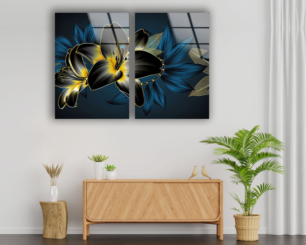 Blue, Gold Flower Abstract Glass Wall Art, print on glass, glass printed photos