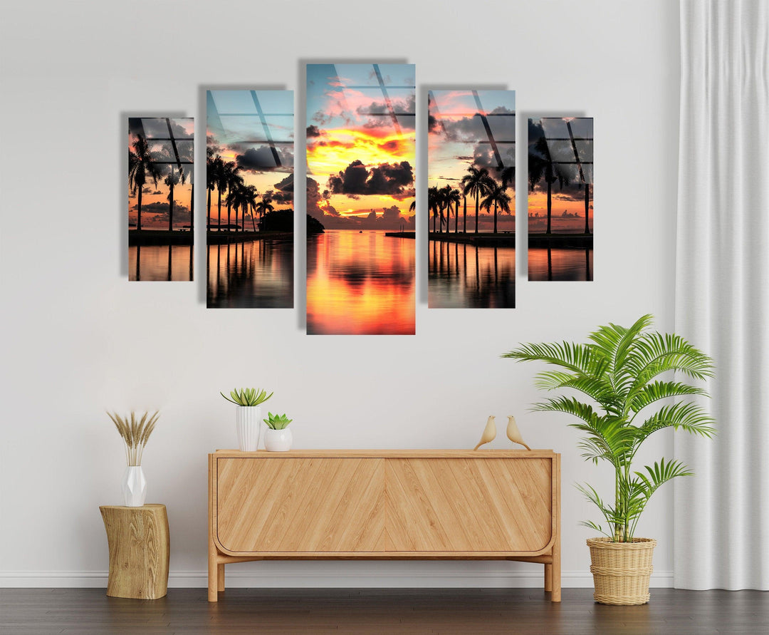 Paradise Beach Sunset, Tropical Palms Glass Wall Art, glass photo prints, glass picture prints