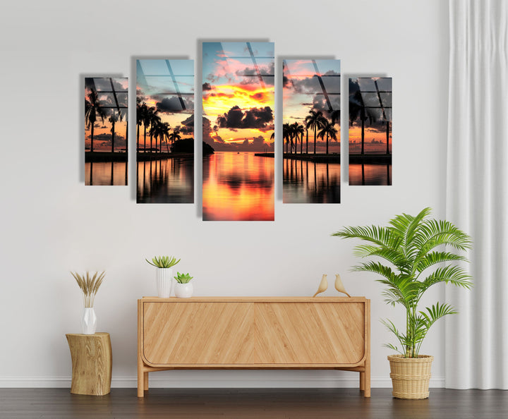 Paradise Beach Sunset, Tropical Palms Glass Wall Art, glass photo prints, glass picture prints