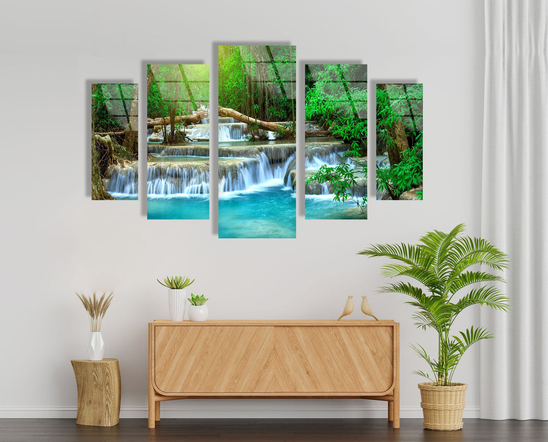 Thailand Turquoise Waterfall Landscape Glass Wall Art, print picture on glass, Tempered Glass Wall Art