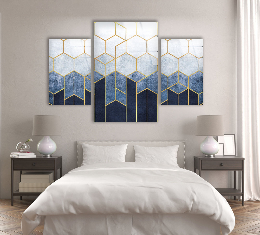 Blue Abstract Hexagon Design Glass Wall Art, photo print on glass, prints on glass wall art