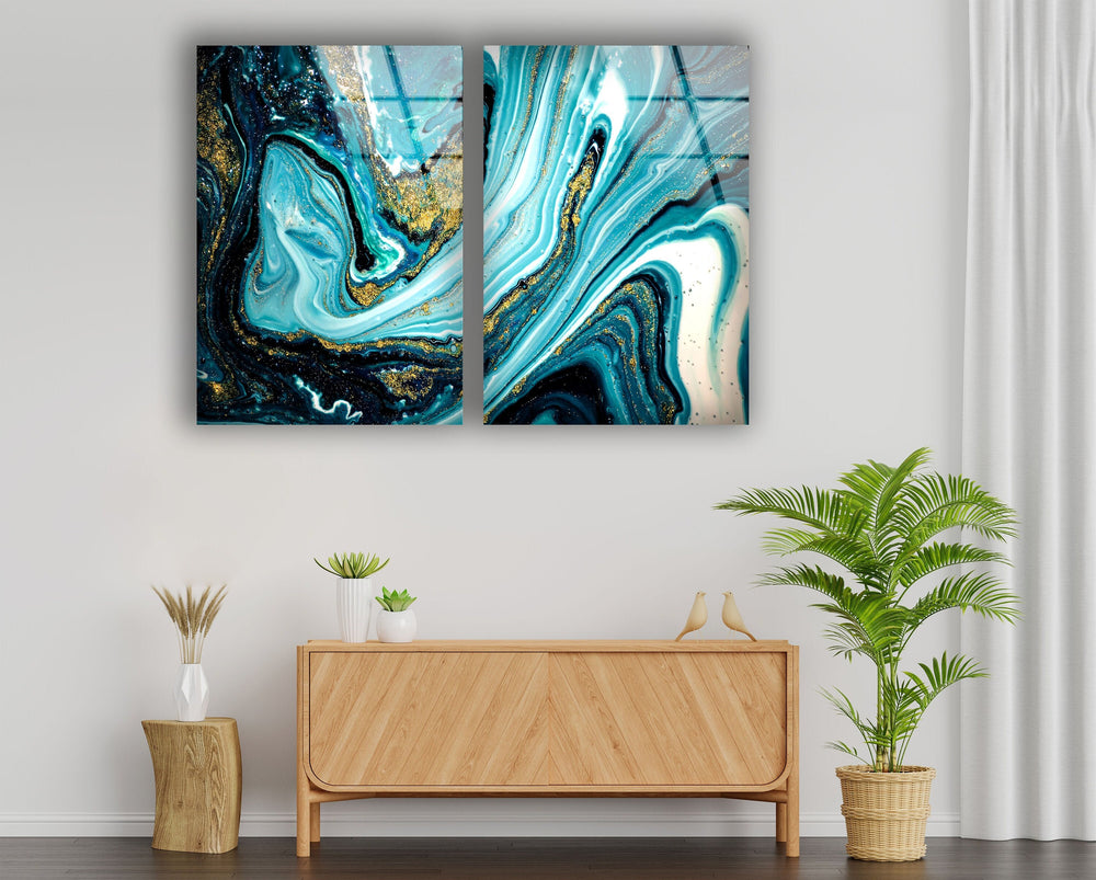 Cyan Blue, Gold Alcohol Ink Glass Wall Art, glass art painting, glass art for the Wall