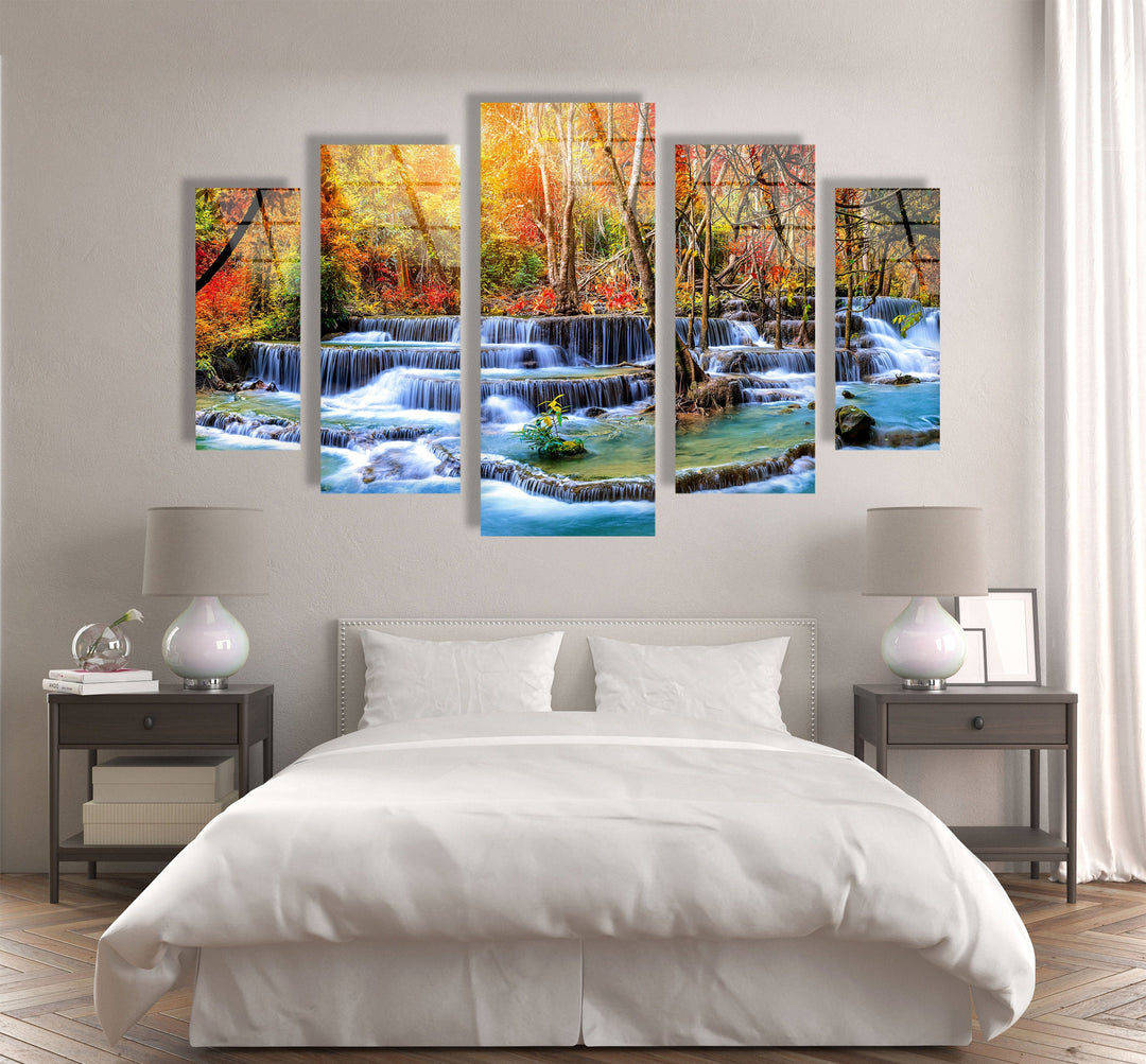 Autumn Trees and Waterfall Landscape Glass Wall Art, large glass photo prints, glass wall photos