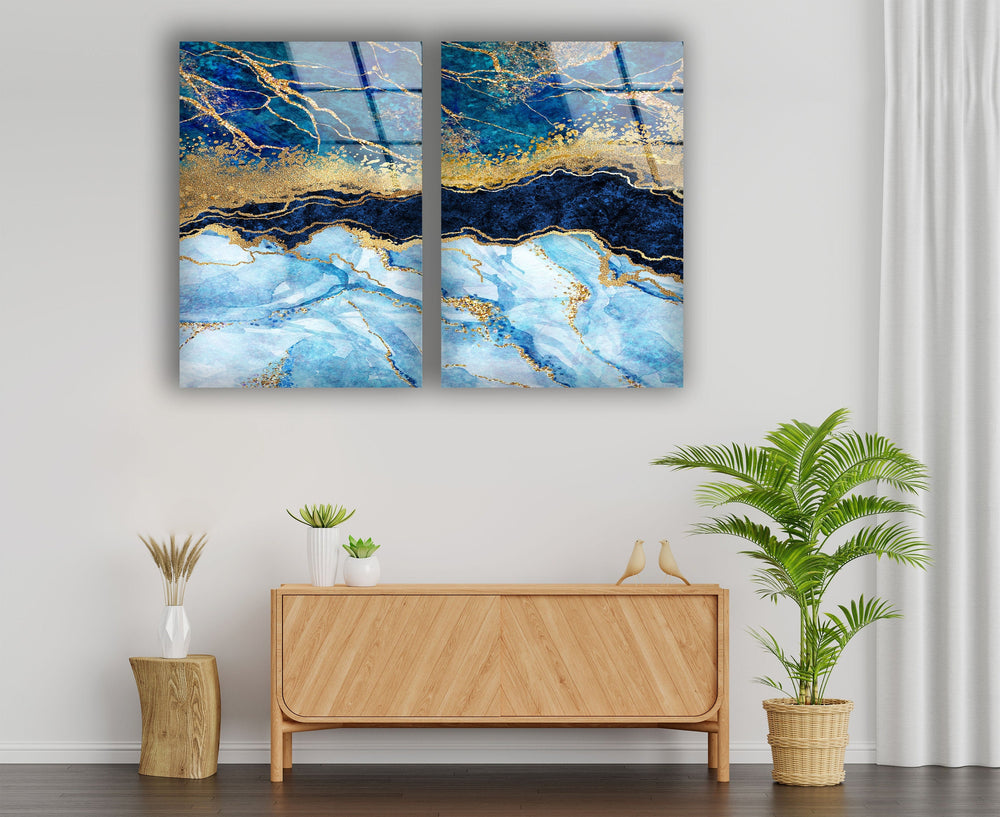 Navy Blue & Gold Marbling Abstract Glass Wall Art, photo print on glass, prints on glass wall art