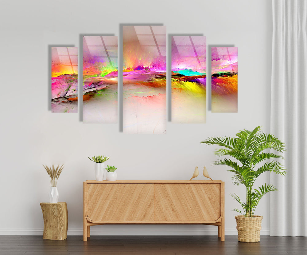 Vivid Pink, Yellow Clouds Abstract Glass Wall Art, print picture on glass, Tempered Glass Wall Art