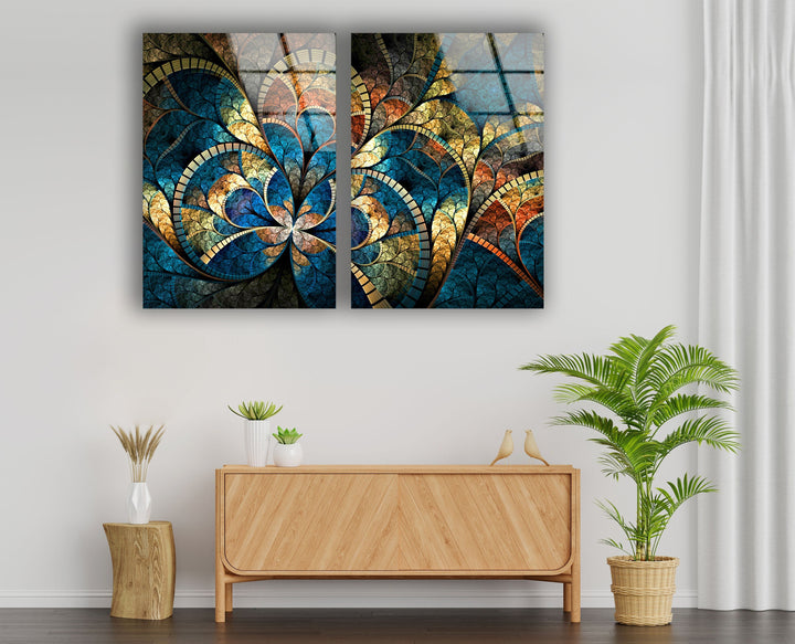 Blue Stained Floral Glass Wall Art, photo print on glass, prints on glass wall art