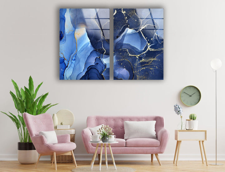 Navy Blue and Gold Alcohol Ink Glass Wall Art, glass wall decor, glass wall art decor