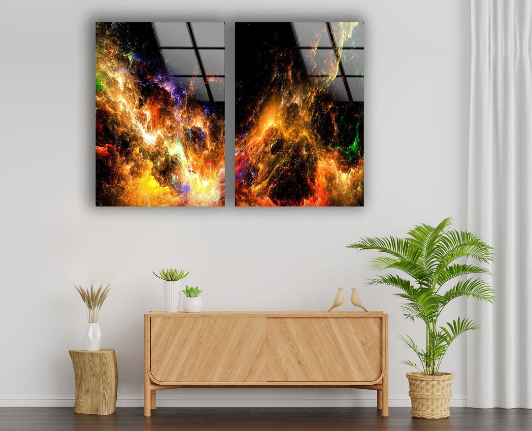 Orange Cloudy Nebula Space Glass Wall Art, picture on glass wall art, photos printed on glass