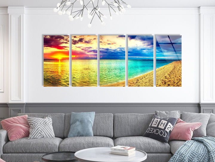 Colorful Sunset, Beach Landscape Glass Wall Art, glass pictures for Wall, glass prints wall art