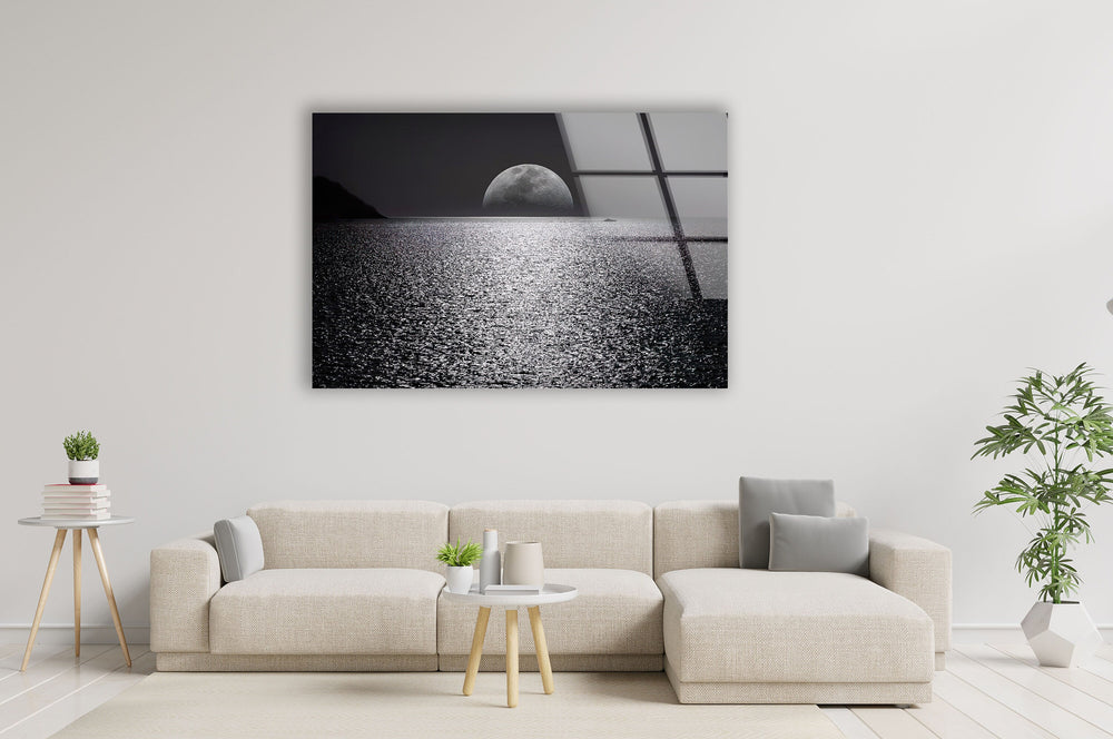 Black & White Moon Ocean Glass Wall Art print on glass, glass printed photos