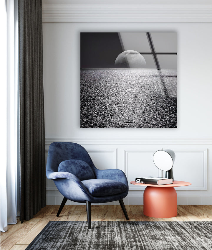 Black & White Moon Ocean Glass Wall Art glass image printing, glass prints from photos