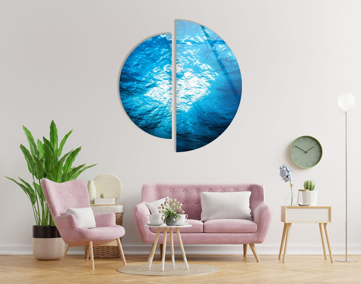 Set of 2 Half Circle Ocean Deep View Glass Wall Art glass art painting, glass art for the Wall
