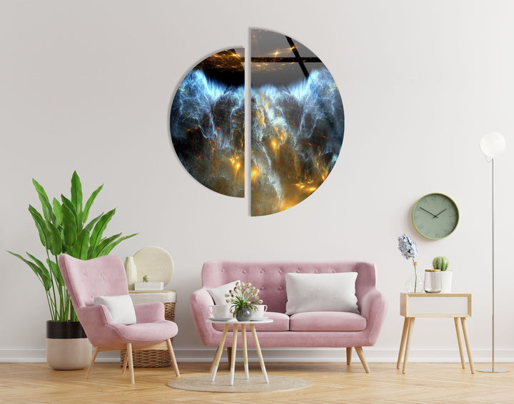 Two Pieces Round Dark Blue Abstract Glass Wall Art print picture on glass, Tempered Glass Wall Art
