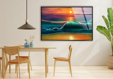 Sunset with Big Waves Glass Wall Art