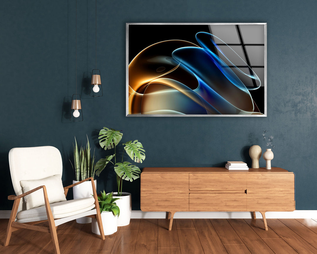 Blue Neon Wave Abstract Glass Wall Art, custom glass photo prints, large glass prints