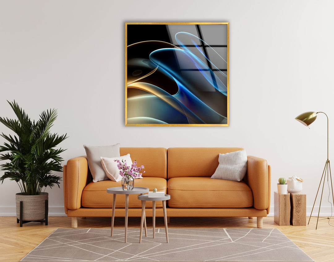 Blue Neon Wave Abstract Glass Wall Art, picture on glass wall art, photos printed on glass