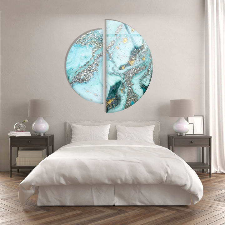 2 Piece Half Circle Abstract Light Blue Glass Wall Art photo print on glass, prints on glass wall art
