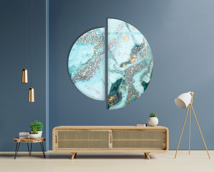 2 Piece Half Circle Abstract Light Blue Glass Wall Art picture on glass wall art, photos printed on glass
