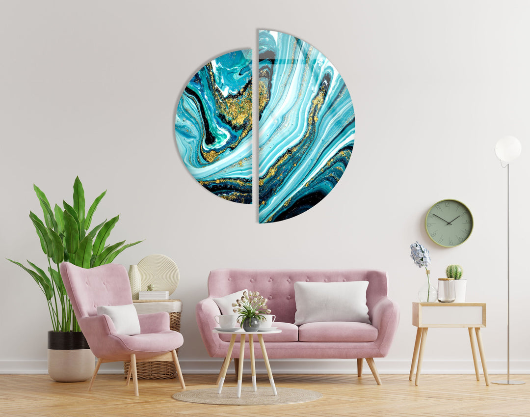 2 Piece Blue Alcohol ink Gold Abstract Glass Wall Art glass image printing, glass prints from photos
