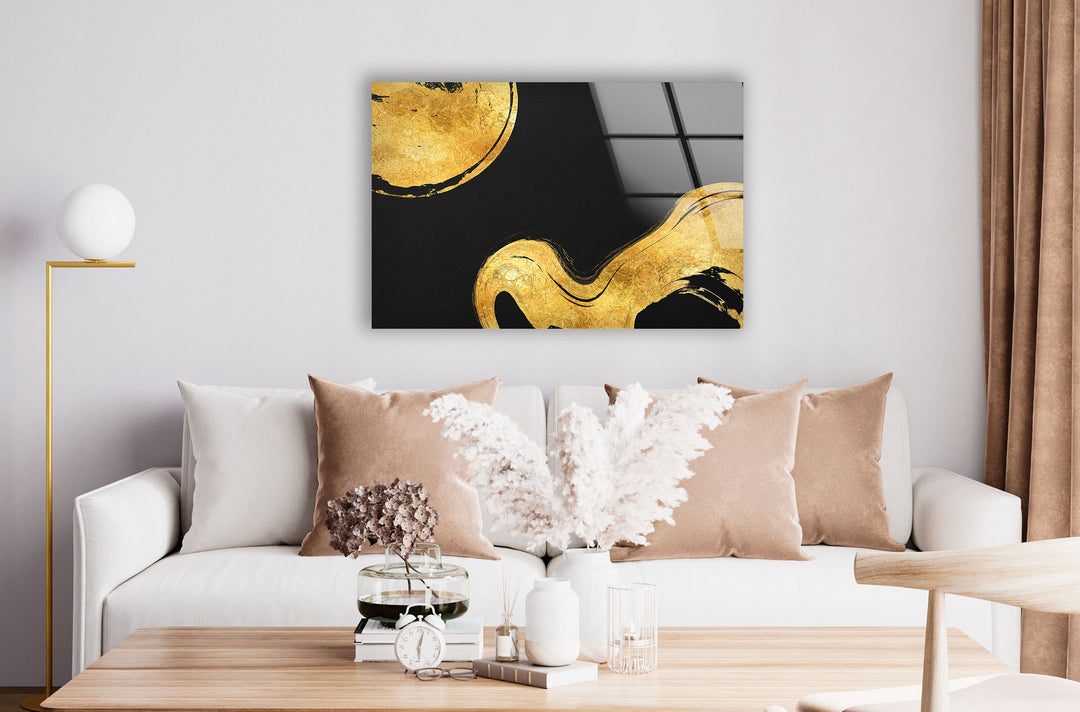 Gold Waves on Black Abstract Glass Wall Art, picture on glass wall art, photos printed on glass