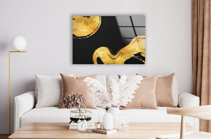 Gold Waves on Black Abstract Glass Wall Art, picture on glass wall art, photos printed on glass