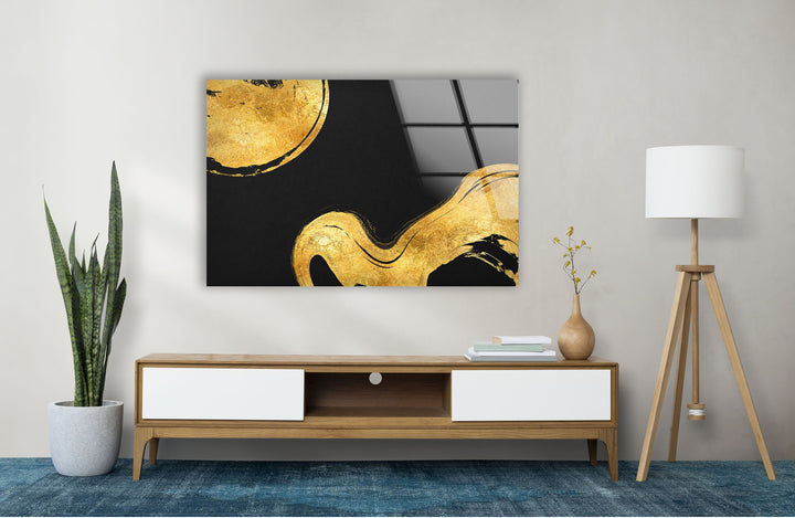 Gold Waves on Black Abstract Glass Wall Art, glass wall decor, Tempered Glass Wall Art